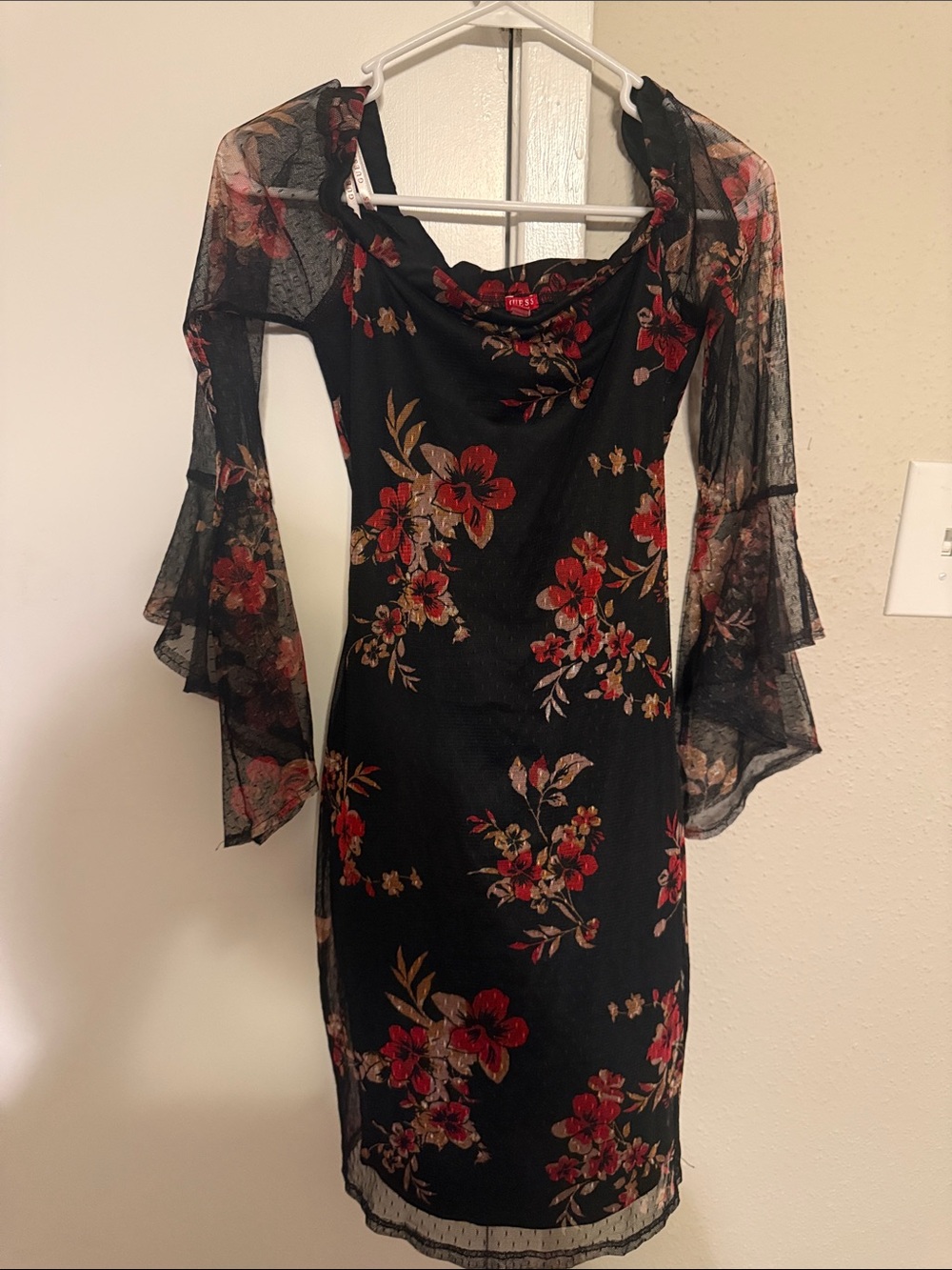 Black Floral Mesh-Sleeve Bodycon Dress